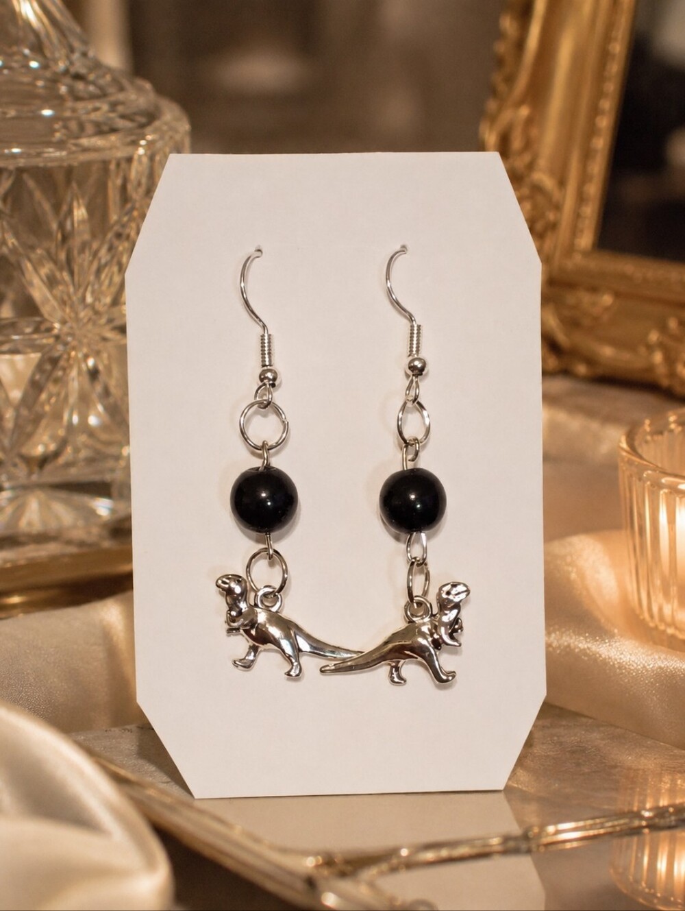 Black Obsidian polished Volcanic Bead Silver T-Rex Dinosaur Drop Earrings 🖤